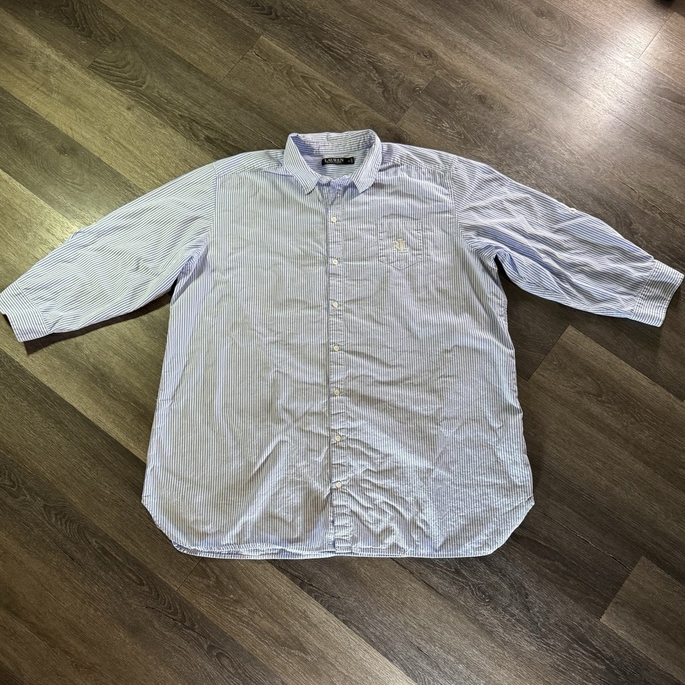 Lauren Ralph Lauren Mens 3XL Striped Button‎ Shirt 3/4 Sleeve Embroidered Pocket